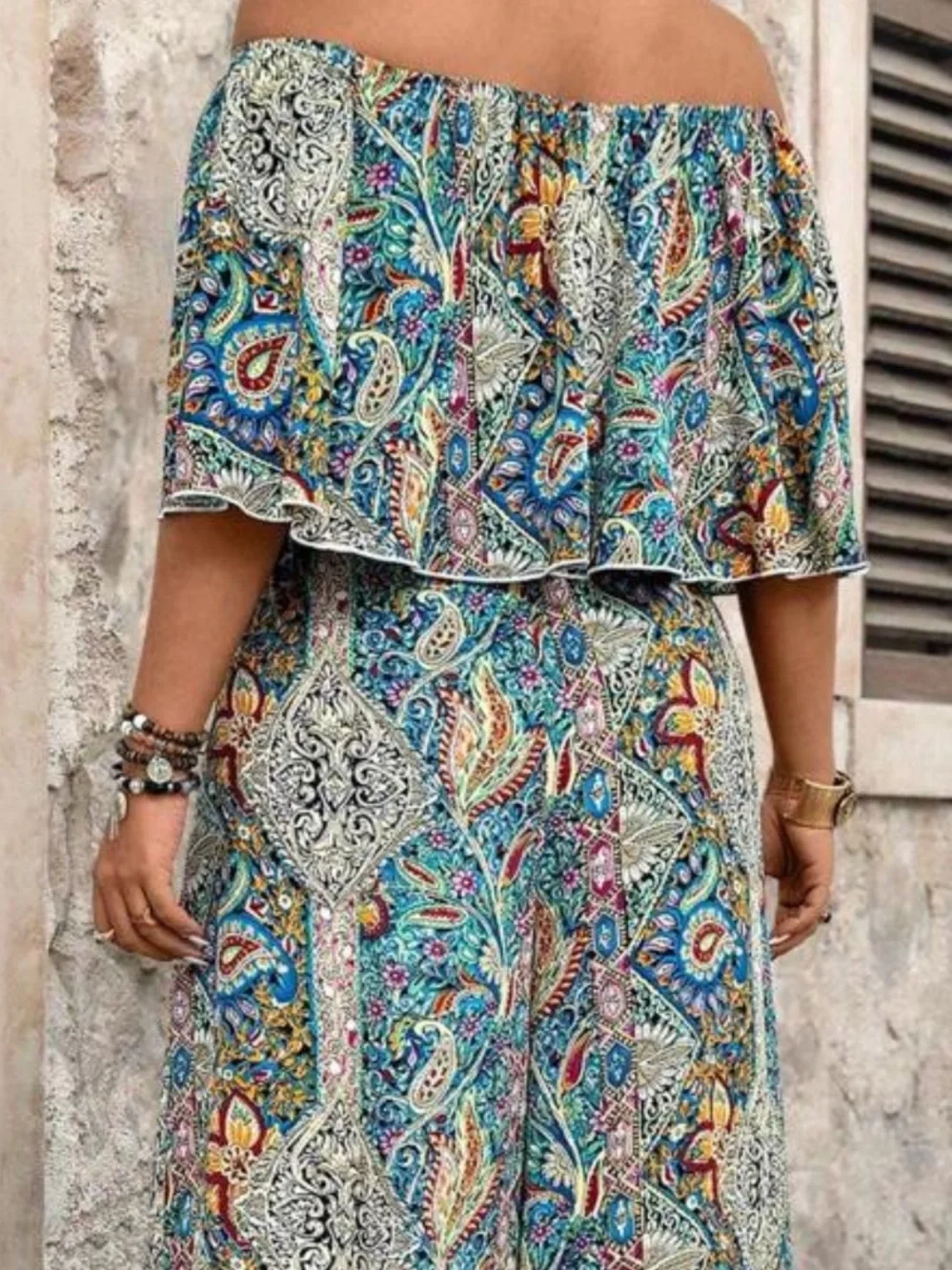 Plus Size Floral Off-Shoulder Crop Top and Wide Leg Pants Set - Blue Multi